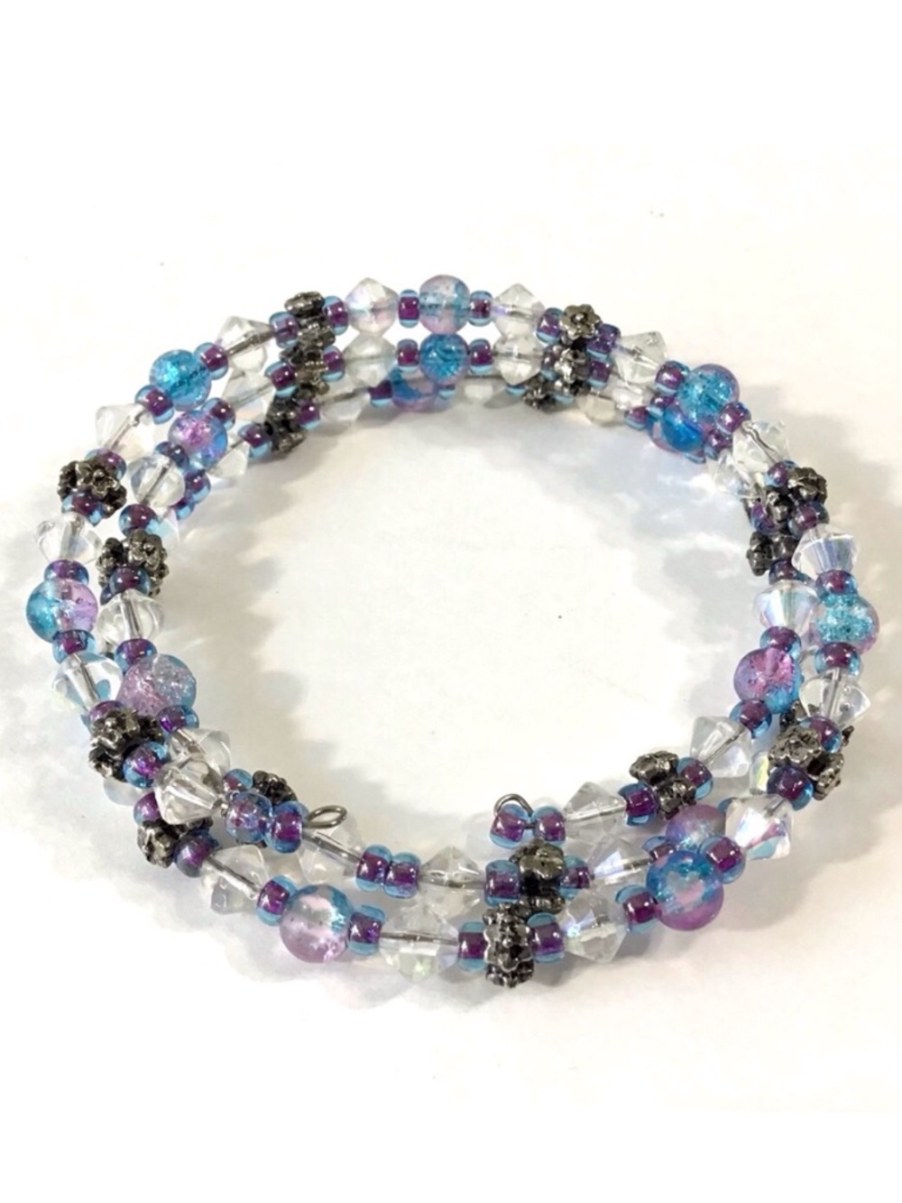 Beaded Wrap Style Bracelet Silver Clear Blue Purple 3-Layer Memory Wire Coils